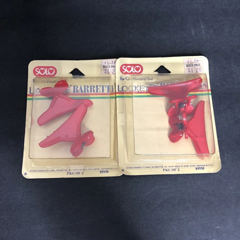 Vintage Solo Lockette Barrettes TENNIS Rackets Red Hair Clips USA Set of 4 NEW